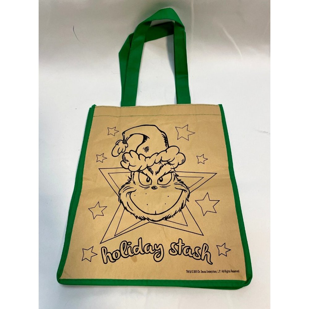 Dr. Suess Grinch Christmas holiday stash gift bag 12" x 10" x 4" green